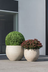 Jumbo Orb Pflanzkübel Grey Washed aus Fiberstone – Kugelform im Lifestyle-Setting